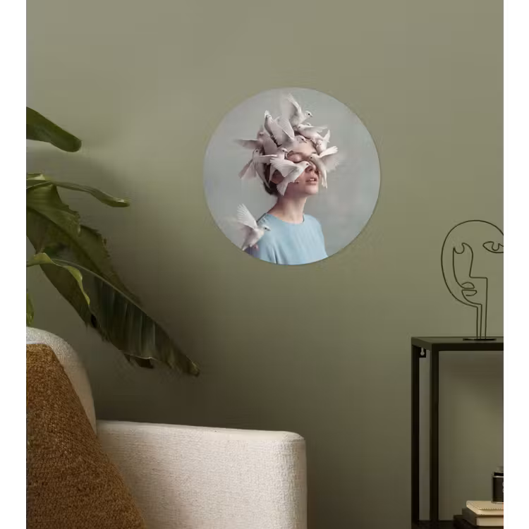 Vrouw - Vogels - Abstract - Modern - Wit Wandcirkel behangsticker klein -sfeer2