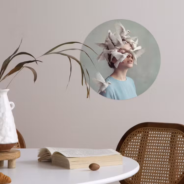 Vrouw - Vogels - Abstract - Modern - Wit Wandcirkel behangsticker klein -sfeer3