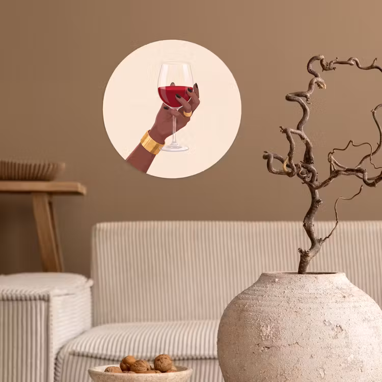 Vrouw - Wijn - Glas - Illustratie - Rood Wandcirkel behangsticker klein -sfeer1