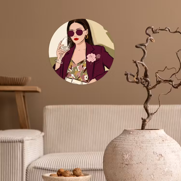 Vrouw - Wijn - Portret - Mode - Modern Wandcirkel behangsticker klein -sfeer1