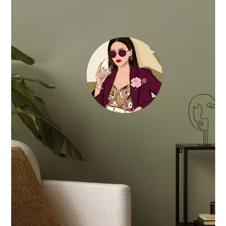 Vrouw - Wijn - Portret - Mode - Modern Wandcirkel behangsticker klein -sfeer2