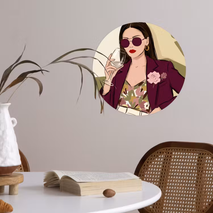 Vrouw - Wijn - Portret - Mode - Modern Wandcirkel behangsticker klein -sfeer3