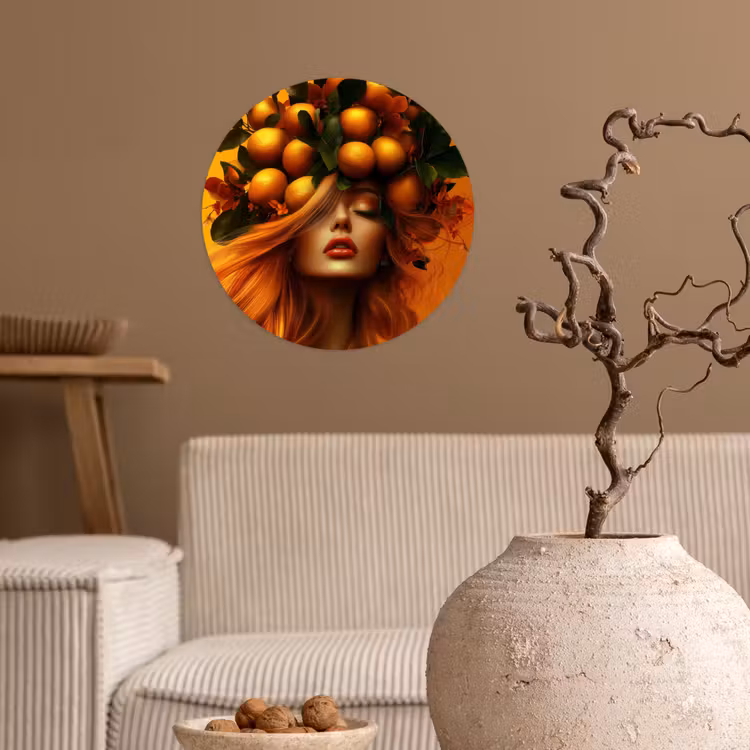 Vrouw - Citroenen - Bloesem - Geel Wandcirkel behangsticker klein -sfeer1