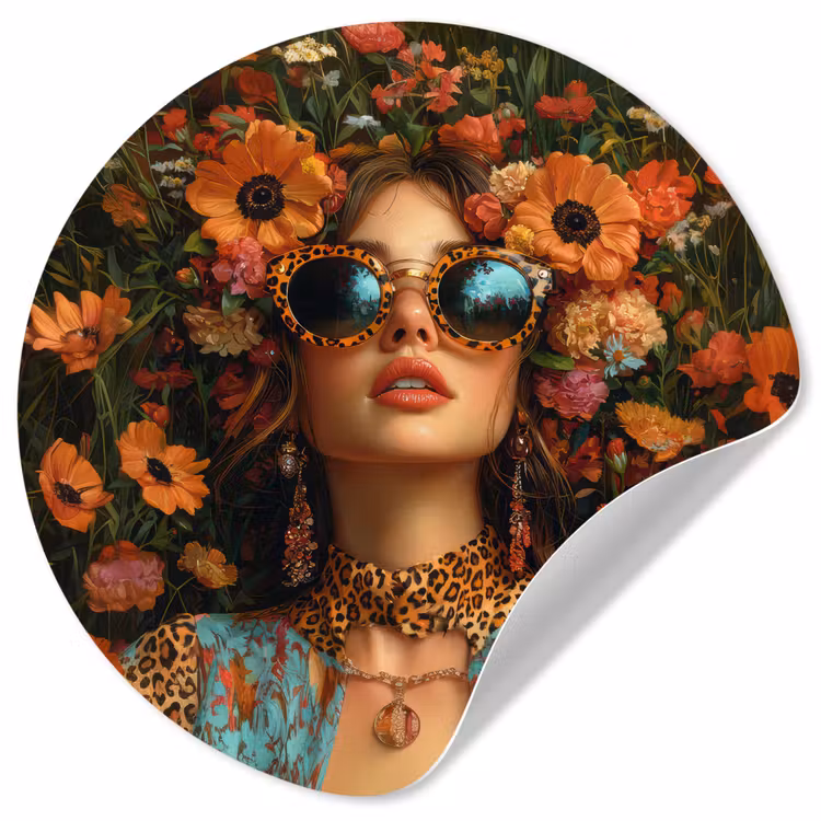 Vrouwen - Bloemen - Modern - Bril - Abstract Wandcirkel behangsticker klein -3d