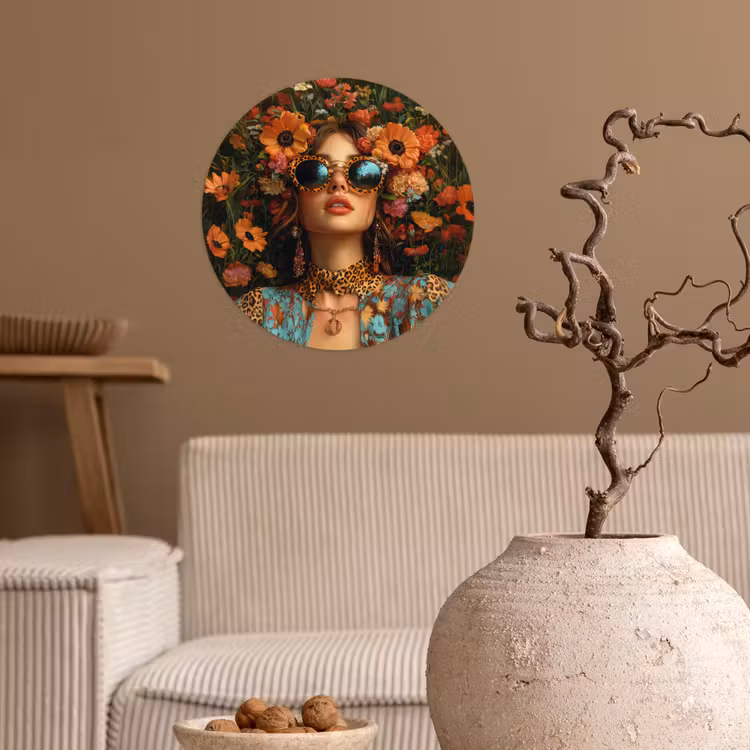 Vrouwen - Bloemen - Modern - Bril - Abstract Wandcirkel behangsticker klein -sfeer1