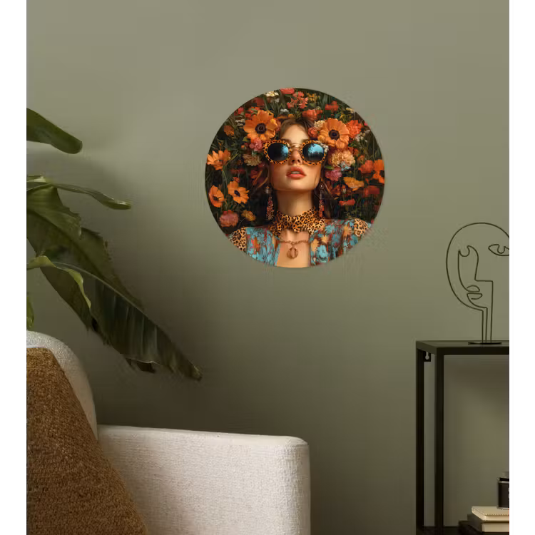 Vrouwen - Bloemen - Modern - Bril - Abstract Wandcirkel behangsticker klein -sfeer2