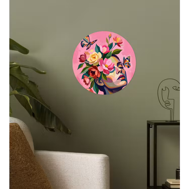 Vrouwengezicht - Vlinders - Kleurrijk Wandcirkel behangsticker klein -sfeer2