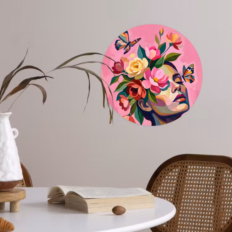 Vrouwengezicht - Vlinders - Kleurrijk Wandcirkel behangsticker klein -sfeer3