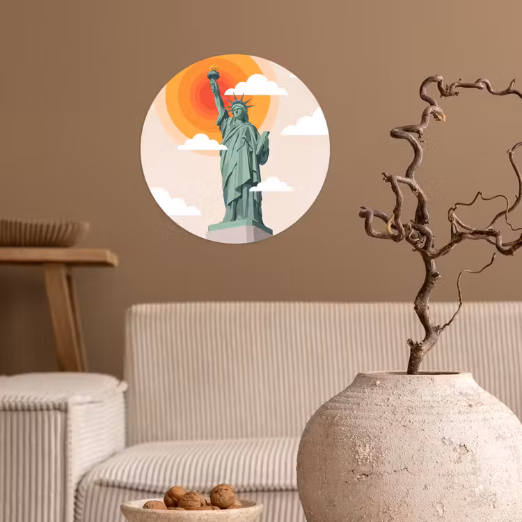Vrijheidsbeeld - New York - Zon - Modern Wandcirkel behangsticker klein -sfeer1