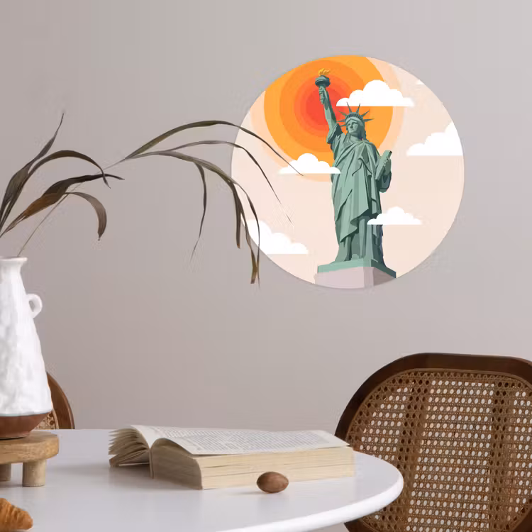 Vrijheidsbeeld - New York - Zon - Modern Wandcirkel behangsticker klein -sfeer3