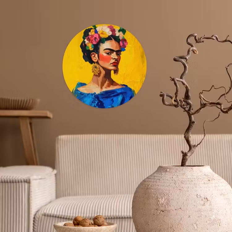 Frida Kahlo - Vrouw - Geel - Blauw - Bloemen Wandcirkel behangsticker klein -sfeer1