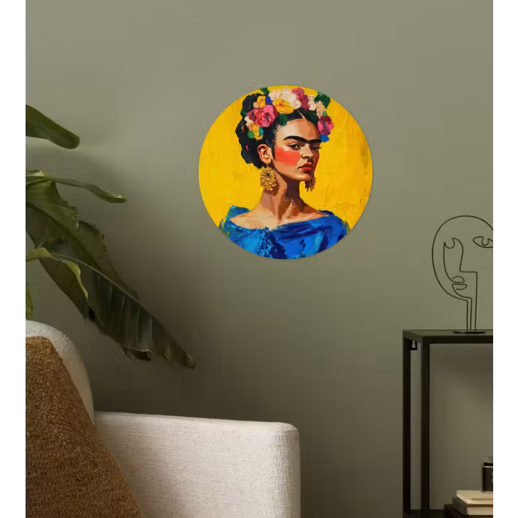 Frida Kahlo - Vrouw - Geel - Blauw - Bloemen Wandcirkel behangsticker klein -sfeer2