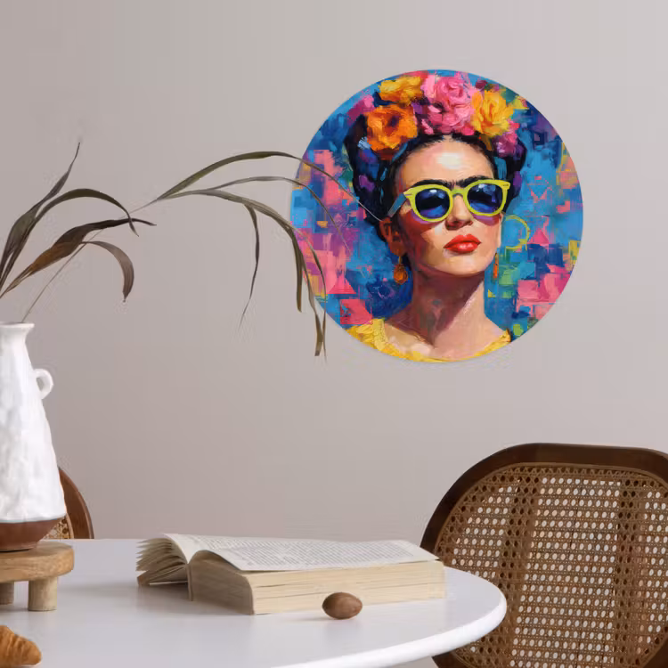 Vrolijk portret - Vrouw - Bloemenkroon Wandcirkel behangsticker klein -sfeer3