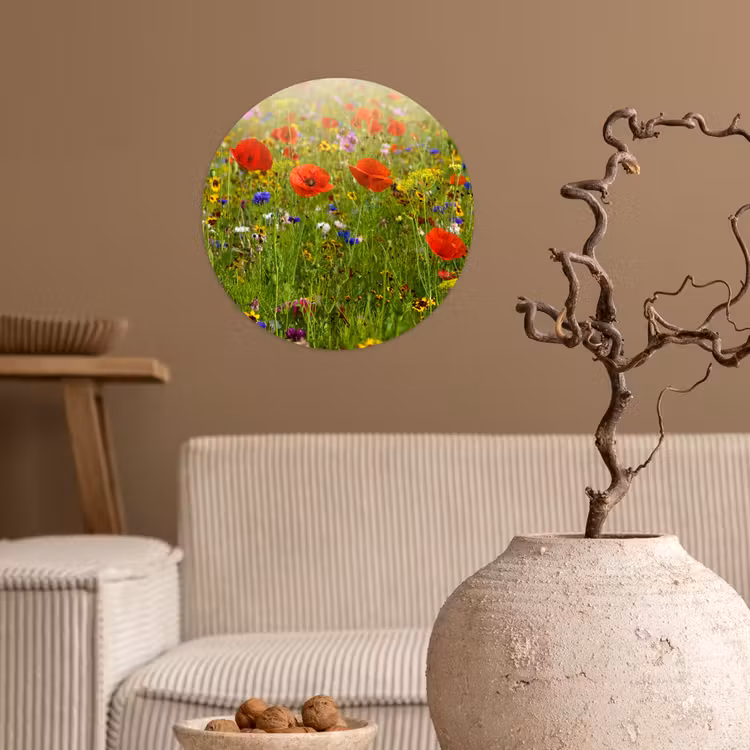Lente - Bloemen - Rood - Klaproos - Gras - Groen Wandcirkel behangsticker klein -sfeer1