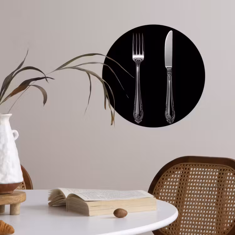 Vork - Mes - Zilver Wandcirkel behangsticker klein -sfeer3