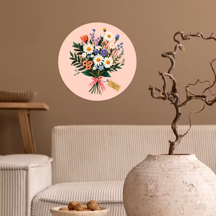 Margrieten - Boeket - Strikje - Roze Wandcirkel behangsticker klein -sfeer1