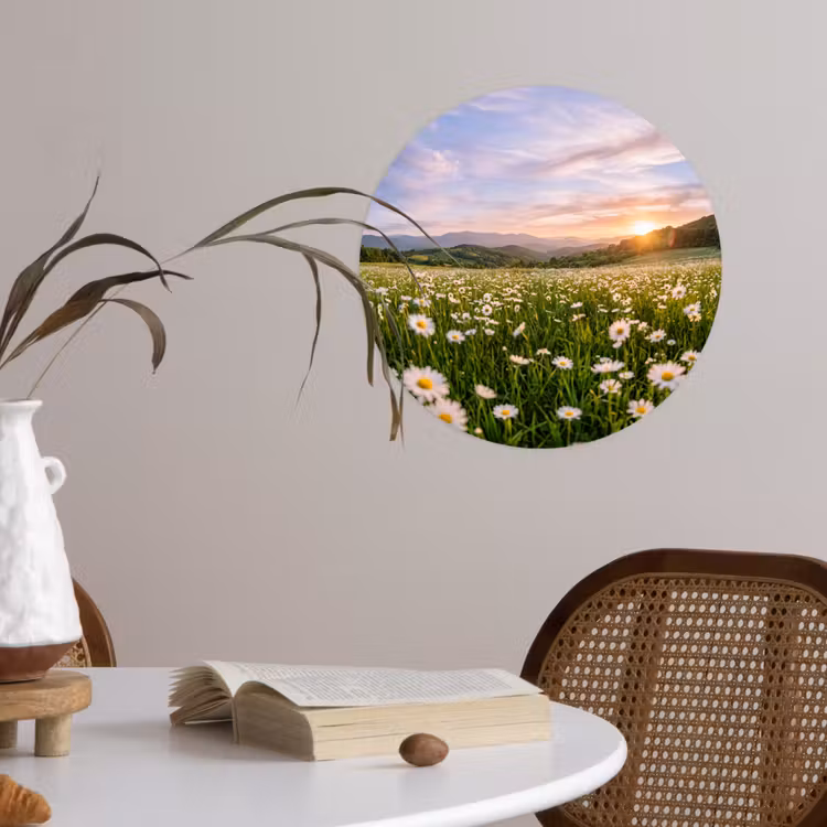 Madelief - Veld - Heuvels - Groen Wandcirkel behangsticker klein -sfeer3