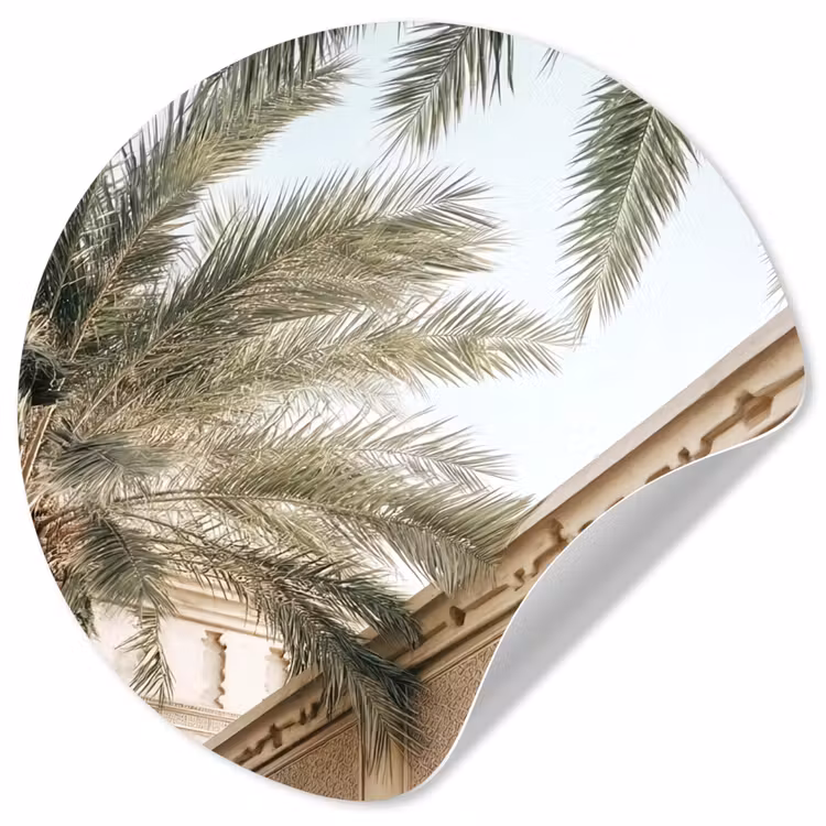 Gebouw - Palmbomen - Beige - Zon Wandcirkel behangsticker klein -3d