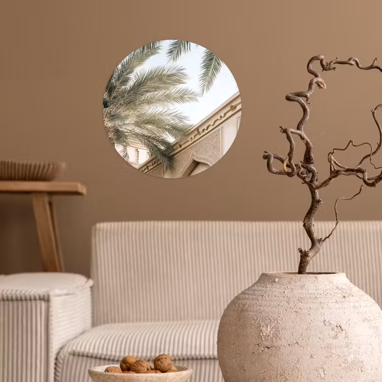 Gebouw - Palmbomen - Beige - Zon Wandcirkel behangsticker klein -sfeer1