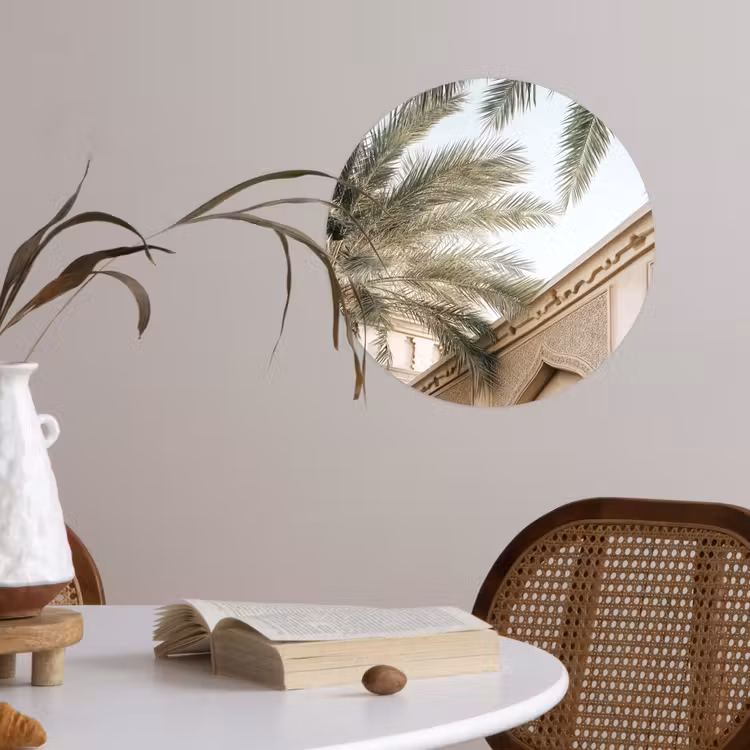 Gebouw - Palmbomen - Beige - Zon Wandcirkel behangsticker klein -sfeer3