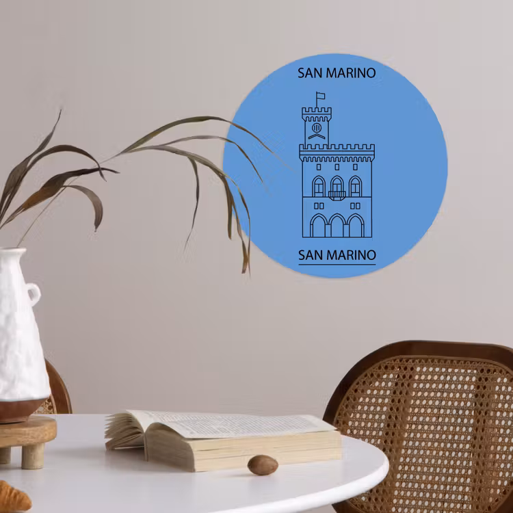 Gebouw - San Marino - Architectuur - Lijntekening - Blauw Wandcirkel behangsticker klein -sfeer3