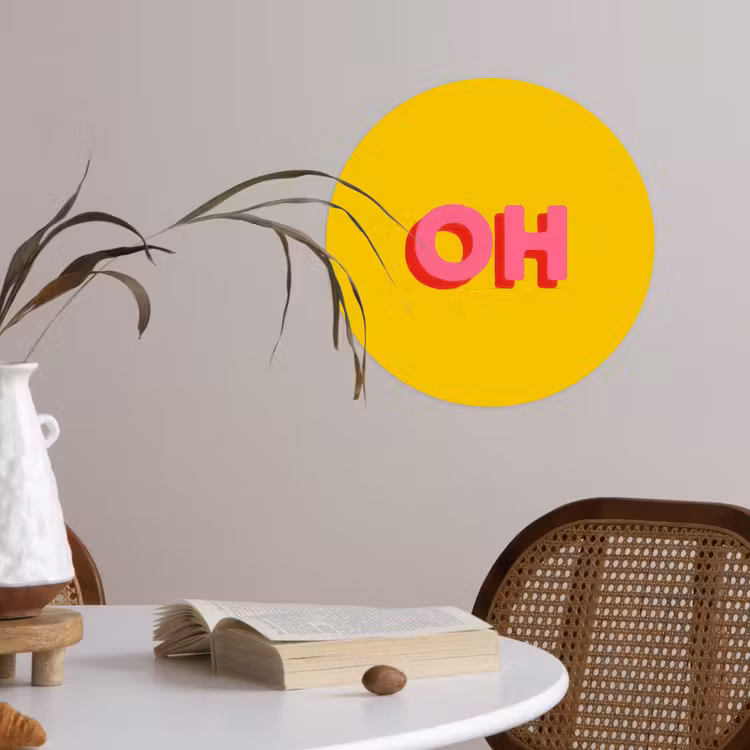 Geel - Roze - Oh - 3D Wandcirkel behangsticker klein -sfeer3