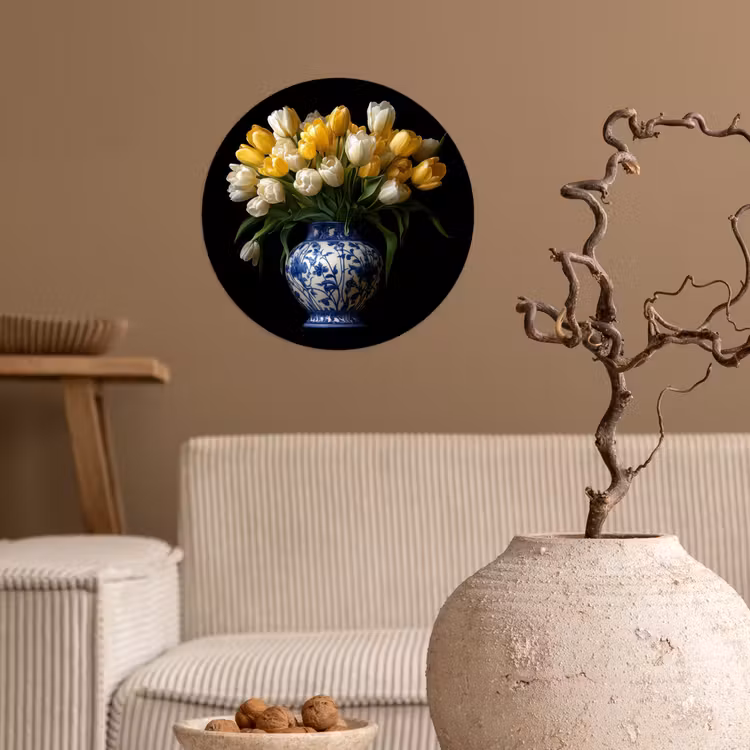 Geel - Tulpen - Vaas - Bloemen Wandcirkel behangsticker klein -sfeer1