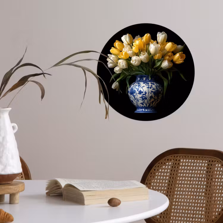 Geel - Tulpen - Vaas - Bloemen Wandcirkel behangsticker klein -sfeer3