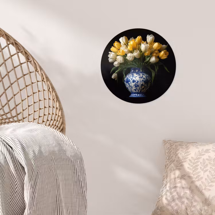 Geel - Tulpen - Vaas - Bloemen Wandcirkel behangsticker klein -sfeer4