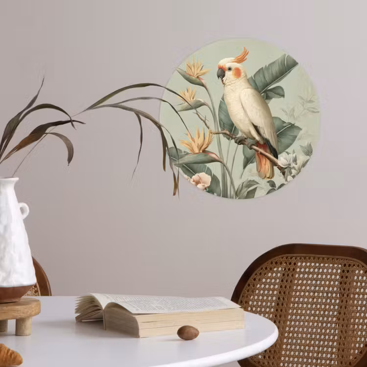 Gele kuifkaketoe - paradijsvogelbloemen - Groen Wandcirkel behangsticker klein -sfeer3