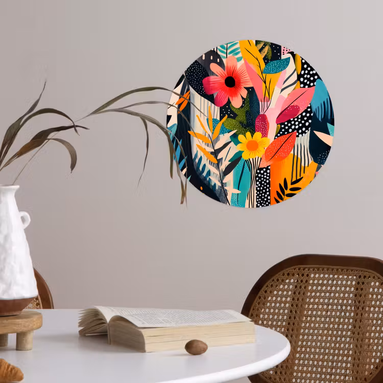 Schilderij - Abstract - Bloemen - Roze Wandcirkel behangsticker klein -sfeer3