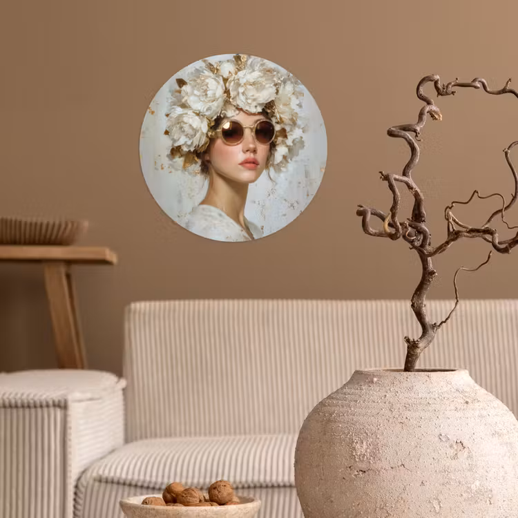 Schilderij - Vrouw - Zonnebril - Bloemenkrans Wandcirkel behangsticker klein -sfeer1