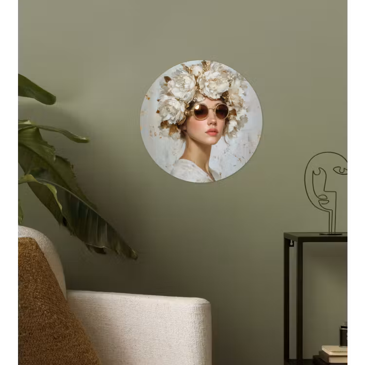 Schilderij - Vrouw - Zonnebril - Bloemenkrans Wandcirkel behangsticker klein -sfeer2