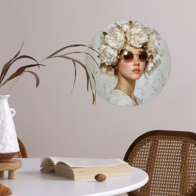 Schilderij - Vrouw - Zonnebril - Bloemenkrans Wandcirkel behangsticker klein -sfeer3