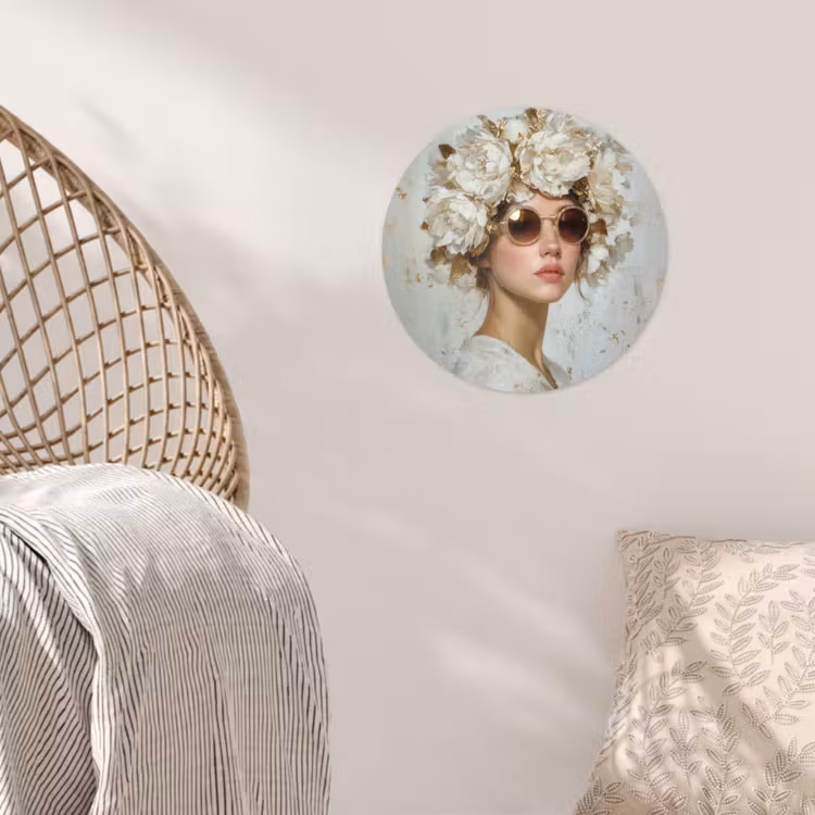 Schilderij - Vrouw - Zonnebril - Bloemenkrans Wandcirkel behangsticker klein -sfeer4