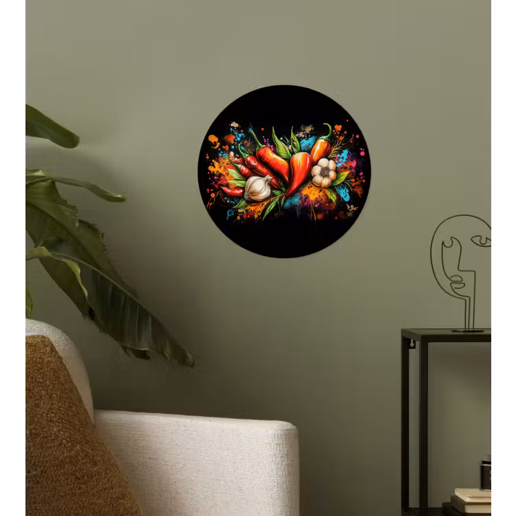 Groente - Peper - Knoflook - Graffiti - Verf - Kleurrijk Wandcirkel behangsticker klein -sfeer2