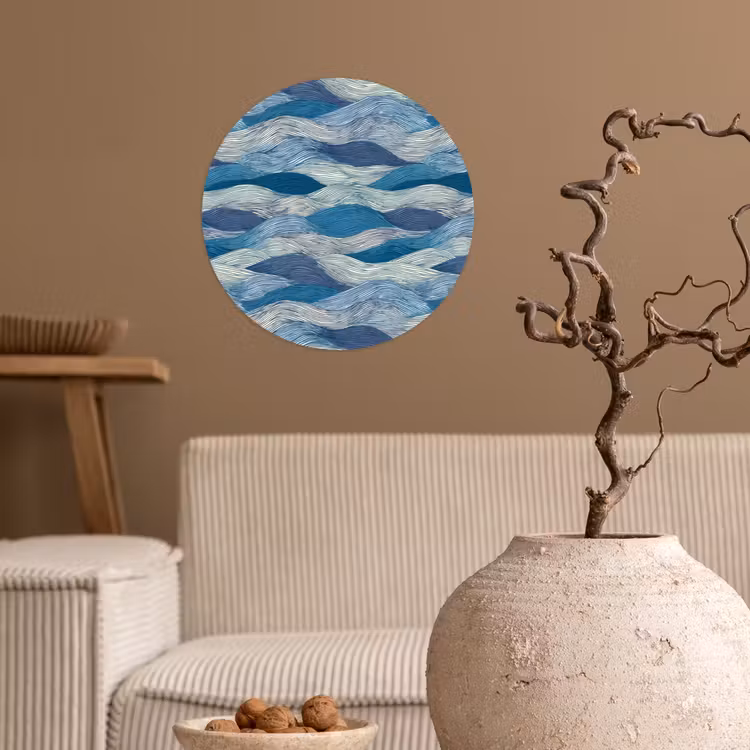 Getekend - Blauw - Wit - Golvend - Streepjes Wandcirkel behangsticker klein 186 -sfeer1