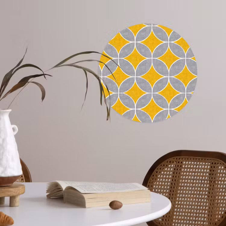 Geometrisch - Cirkels - Textuur - Grijs - Geel Wandcirkel behangsticker klein 186 -sfeer3
