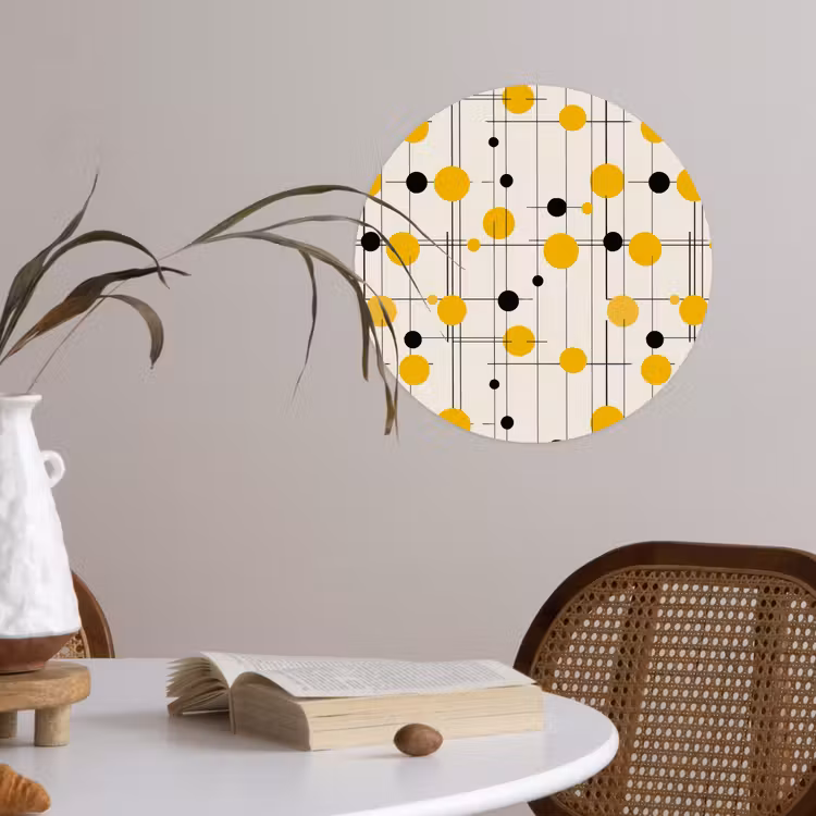 Geometrisch - Retro - Lijnen - Okergeel - Zwart Wandcirkel behangsticker klein 186 -sfeer3