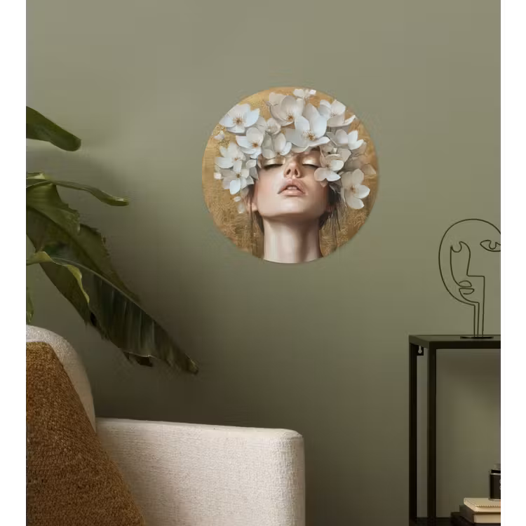 Gezicht - Bloemen - Goud - Abstract Wandcirkel behangsticker klein -sfeer2