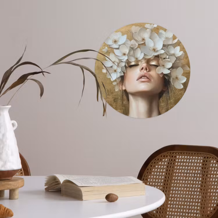 Gezicht - Bloemen - Goud - Abstract Wandcirkel behangsticker klein -sfeer3
