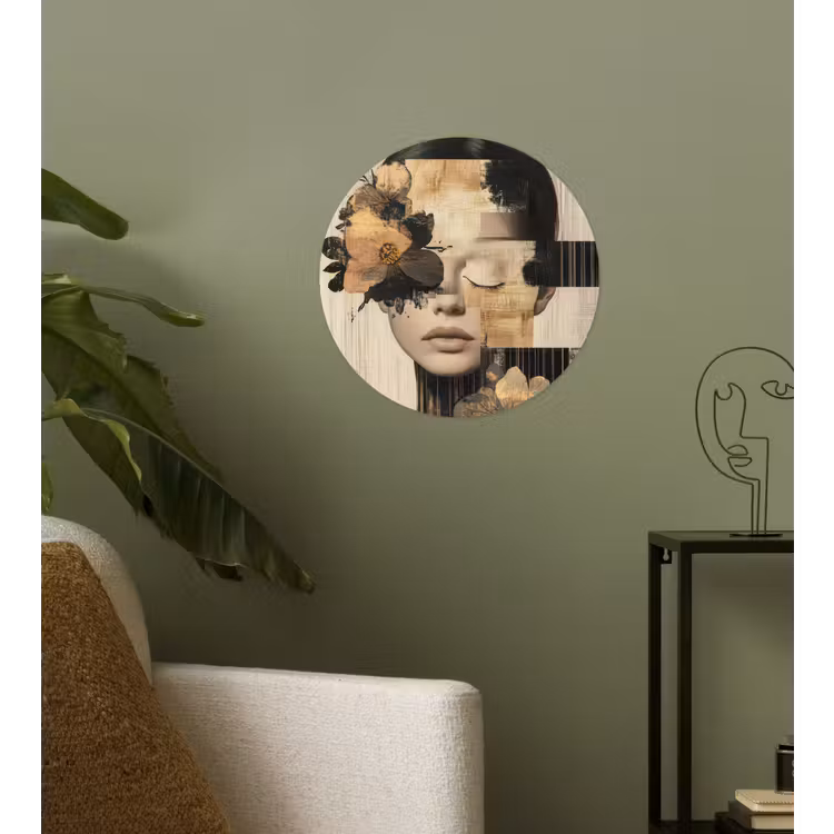 Gezicht - Bloemen - Zwart - Vrouw Wandcirkel behangsticker klein -sfeer2