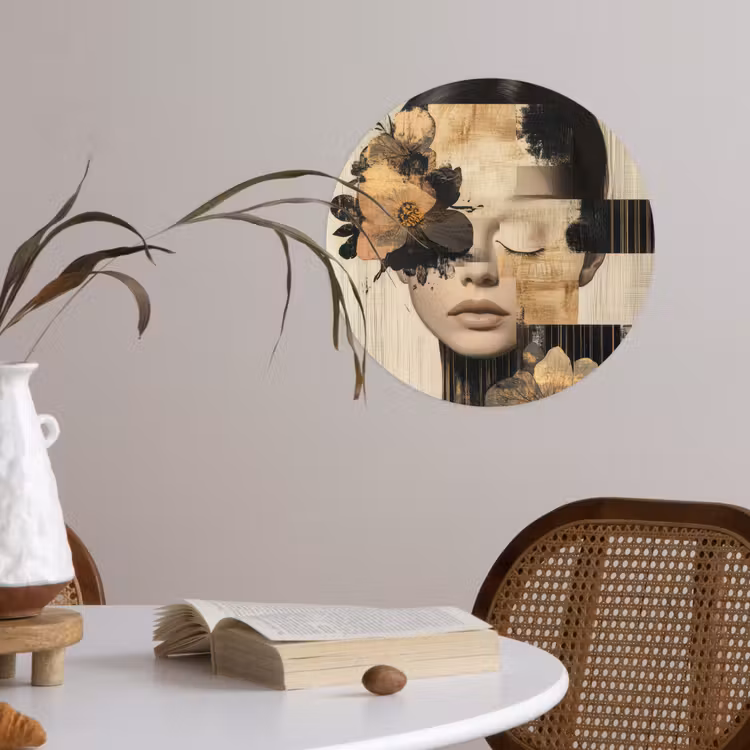 Gezicht - Bloemen - Zwart - Vrouw Wandcirkel behangsticker klein -sfeer3