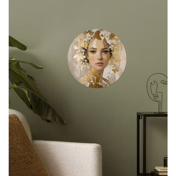 Gezicht - Vrouw - Bladeren - Goud Wandcirkel behangsticker klein -sfeer2