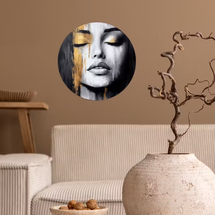Gezicht - Vrouw - Penseelstreken - Abstract Wandcirkel behangsticker klein -sfeer1
