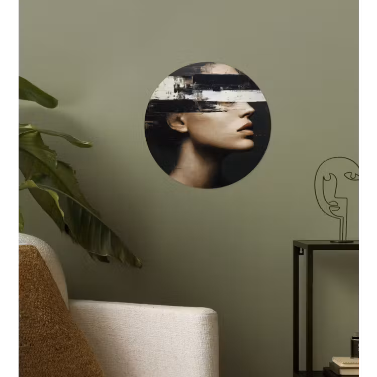 Gezicht - Vrouw - Zwart - Abstract Wandcirkel behangsticker klein -sfeer2