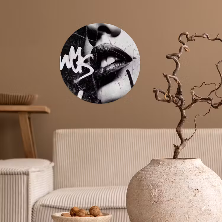 Gezicht - Mond - Graffiti - Zwart Wandcirkel behangsticker klein -sfeer1