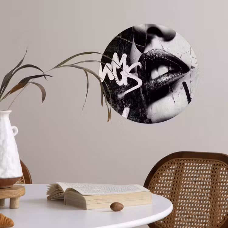 Gezicht - Mond - Graffiti - Zwart Wandcirkel behangsticker klein -sfeer3