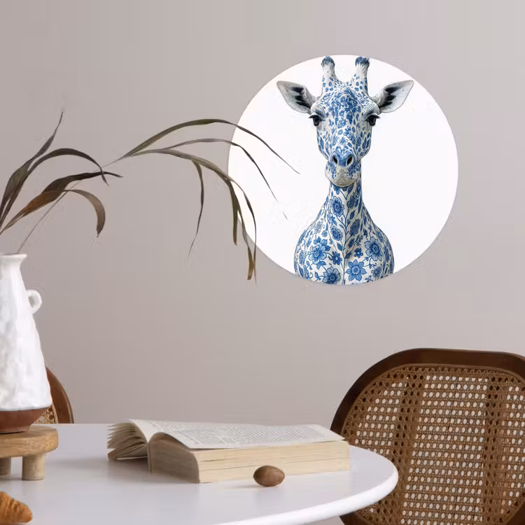 Giraffe - Delfts blauw - Dieren - Minimalistisch Wandcirkel behangsticker klein -sfeer3