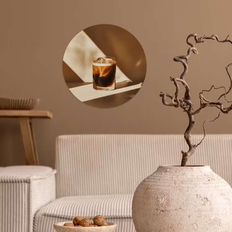 Glas - Ijskoffie - Schaduw - Bruin Wandcirkel behangsticker klein -sfeer1